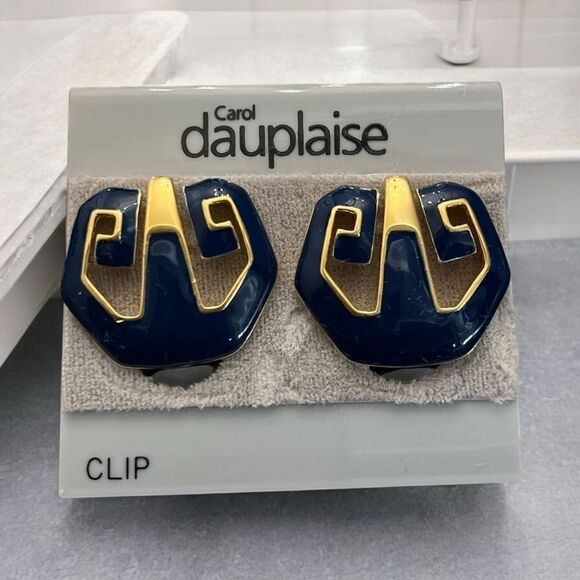 Carol Dauplaise NWT Geometric Clip-On Earrings - Navy Blue‎ Gold - Bold Modern - Picture 1 of 5